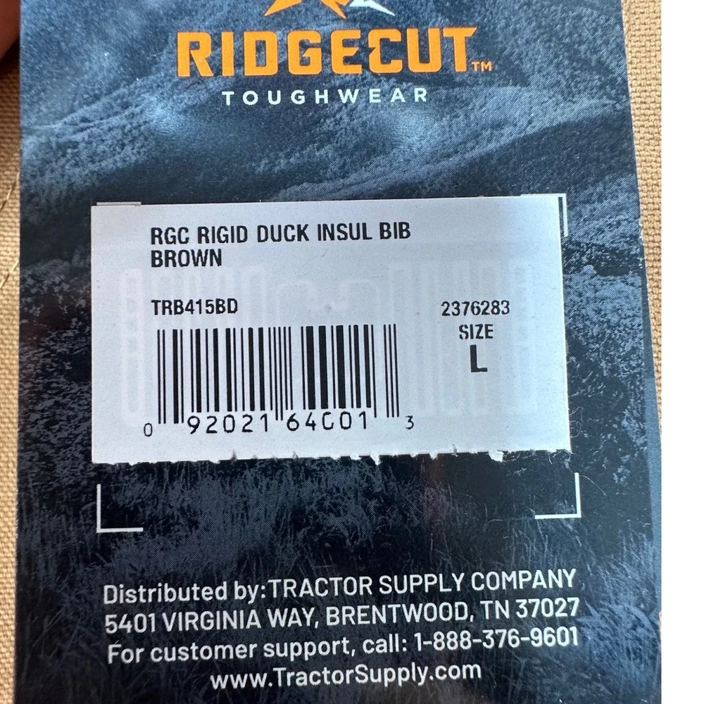 Ridgecut‎ Toughwear Rigid Duck Insulated Bib Overalls Brown Double knee Size L